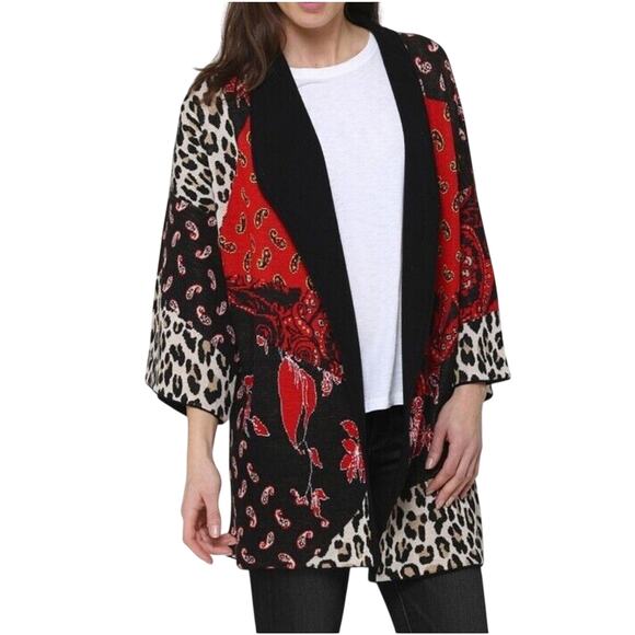 Alice + Olivia Cardigan Hester S RED BLACK Paisley Cheetah Patchwork Oversized - Picture 2 of 16